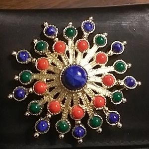 Gold Plated Brooche with Blue,Red,Green Stones